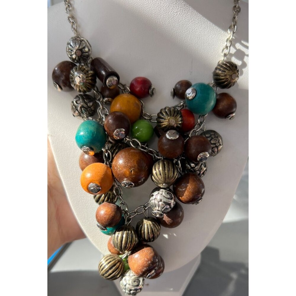 Vintage Silver Tone Statement Necklace Wood Bib Tribal Boho Estate Adj 21"